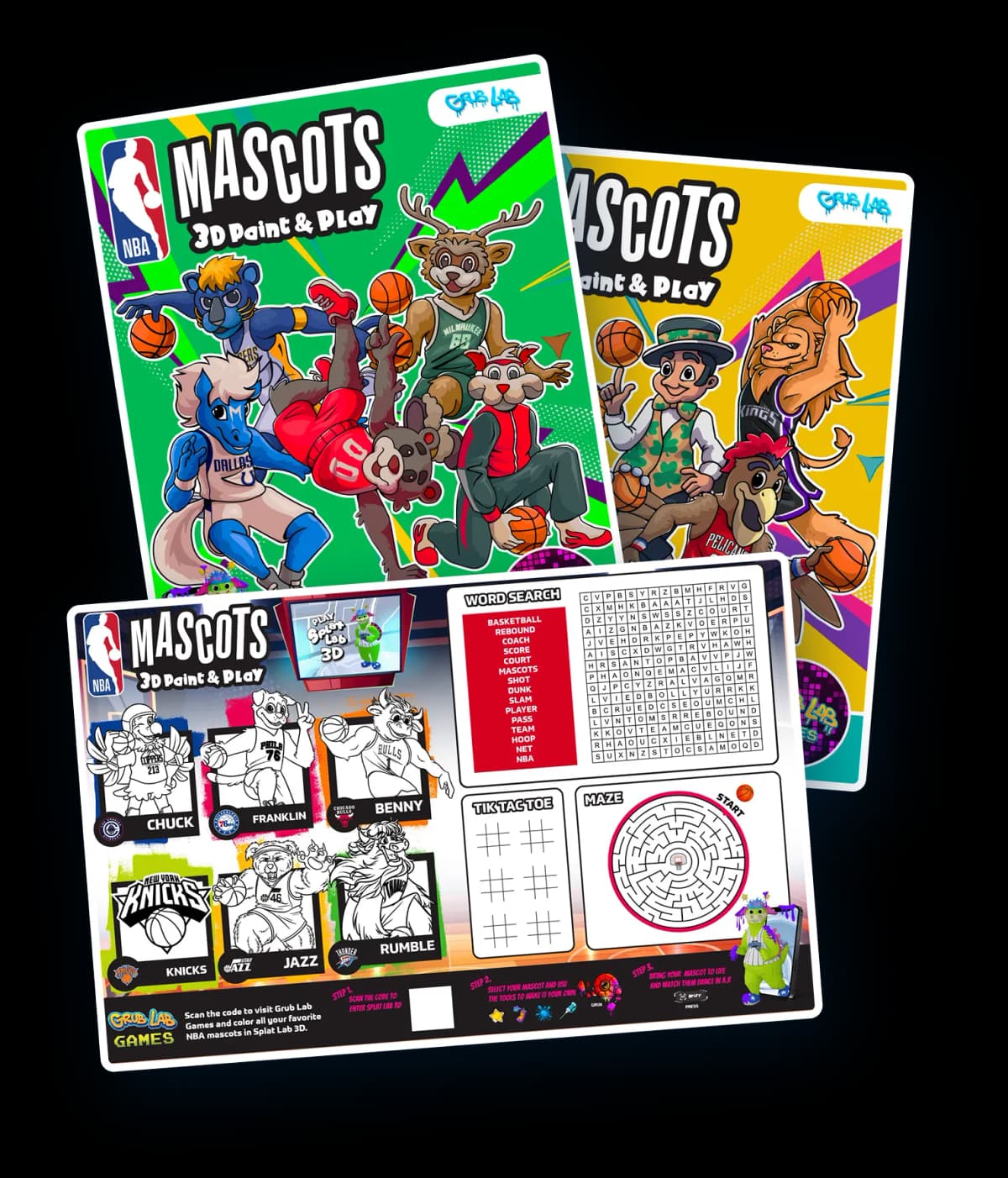 Colorful Grub Lab activity placemats featuring various themed games and activities